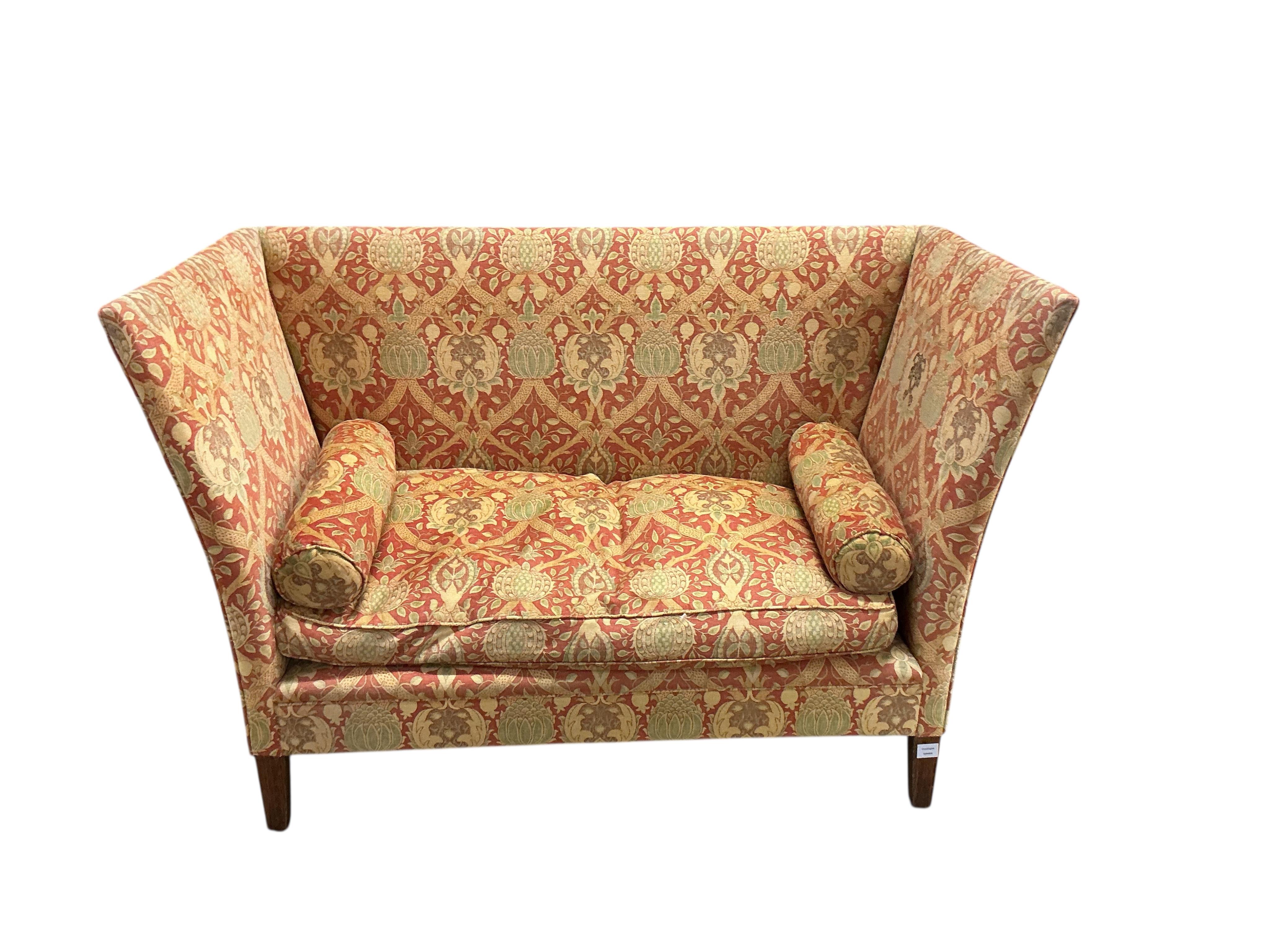 An early 20th century high back two seater settee, width 154cm, depth 72cm, height 103cm